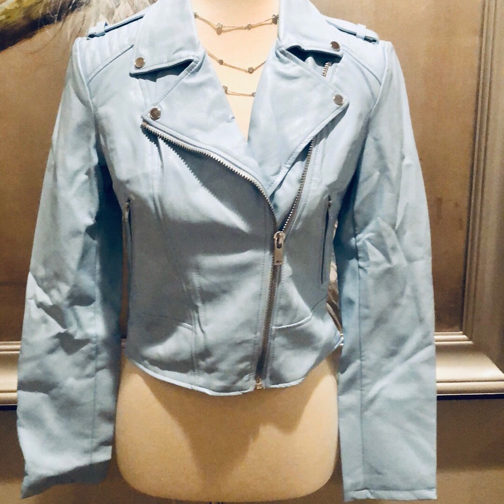Faux Blue Leather Zip Motorcycle Audition Jacket